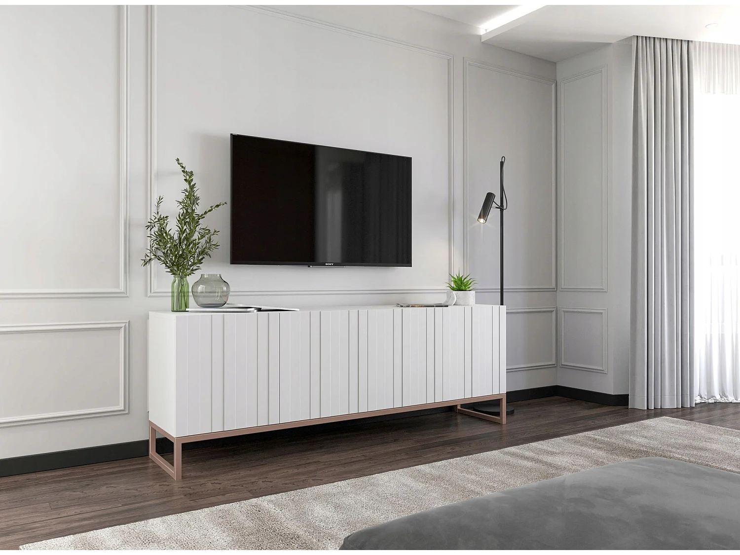 TV-Schrank mit 4 Türen – Korpus Mattweiß, gerillte Fronten Mattweiß – 150 cm, Metallgestell