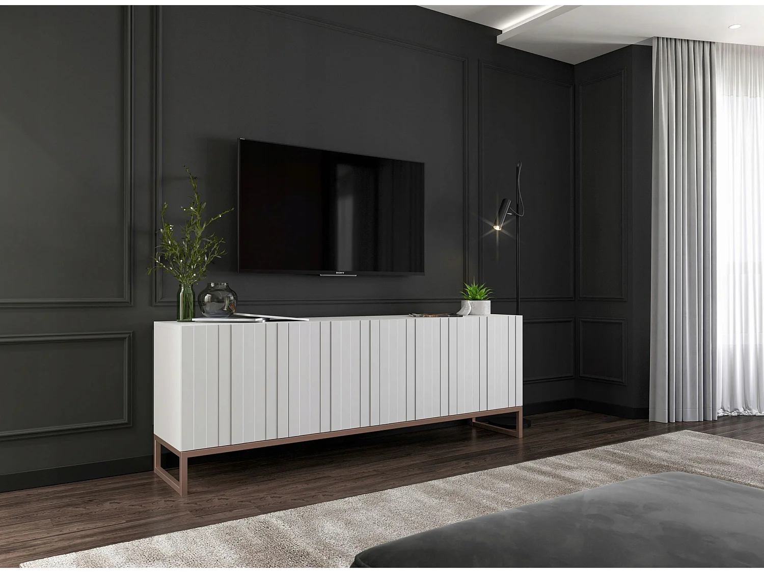 TV-Schrank mit 4 Türen – Korpus Mattweiß, gerillte Fronten Mattweiß – 150 cm, Metallgestell