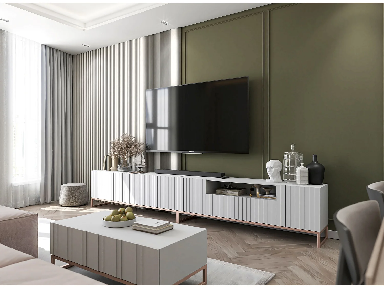 TV-Schrank mit 4 Türen – Korpus Mattweiß, gerillte Fronten Mattweiß – 150 cm, Metallgestell