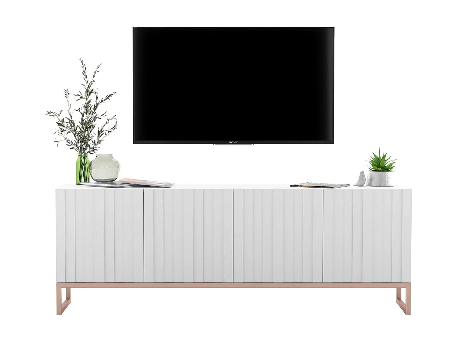 Meuble TV avec 4 portes - Corps Blanc mat, façades rainurées Blanc mat - 150 cm, cadre métallique