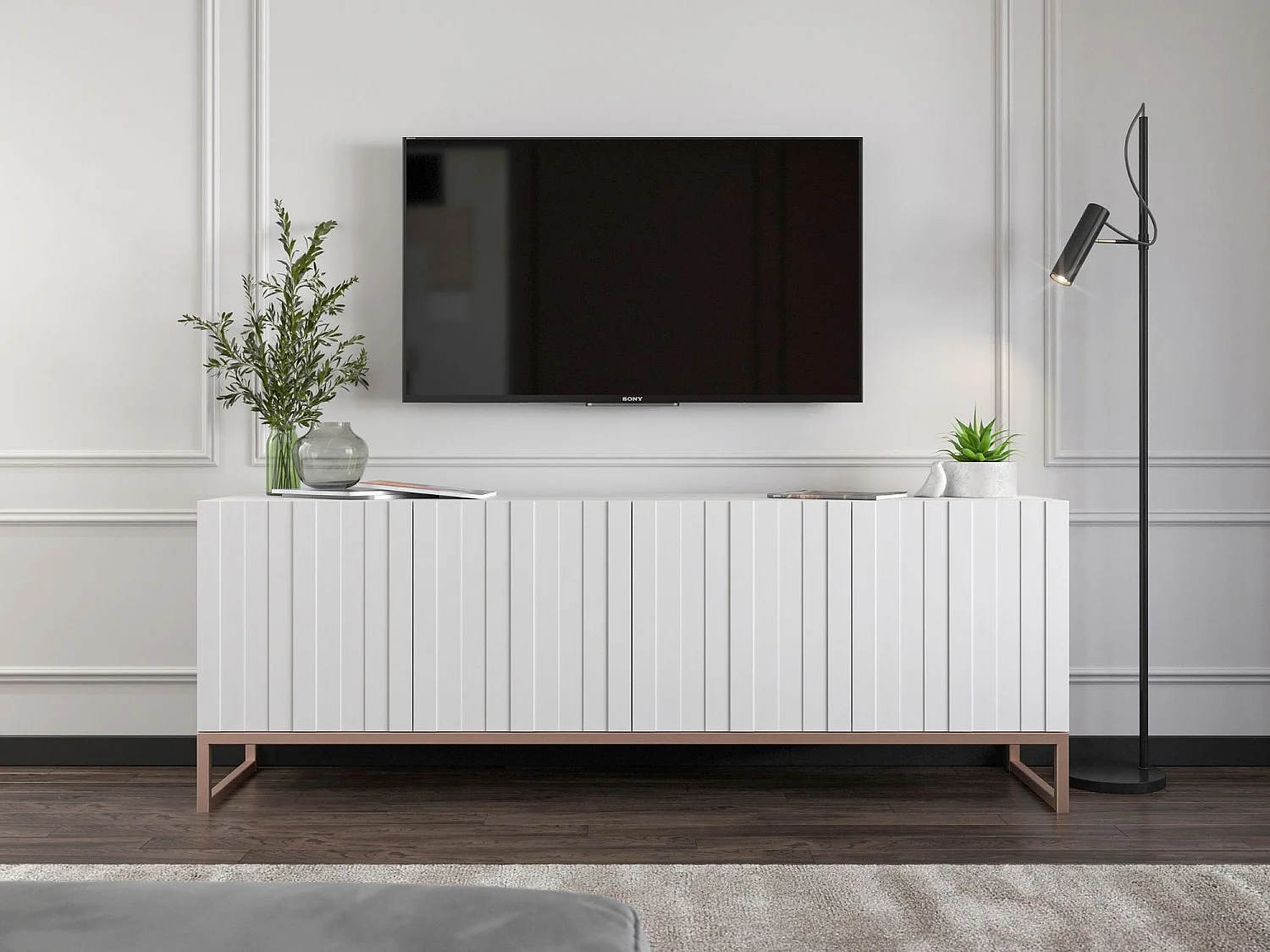 Meuble TV avec 4 portes - Corps Blanc mat, façades rainurées Blanc mat - 150 cm, cadre métallique