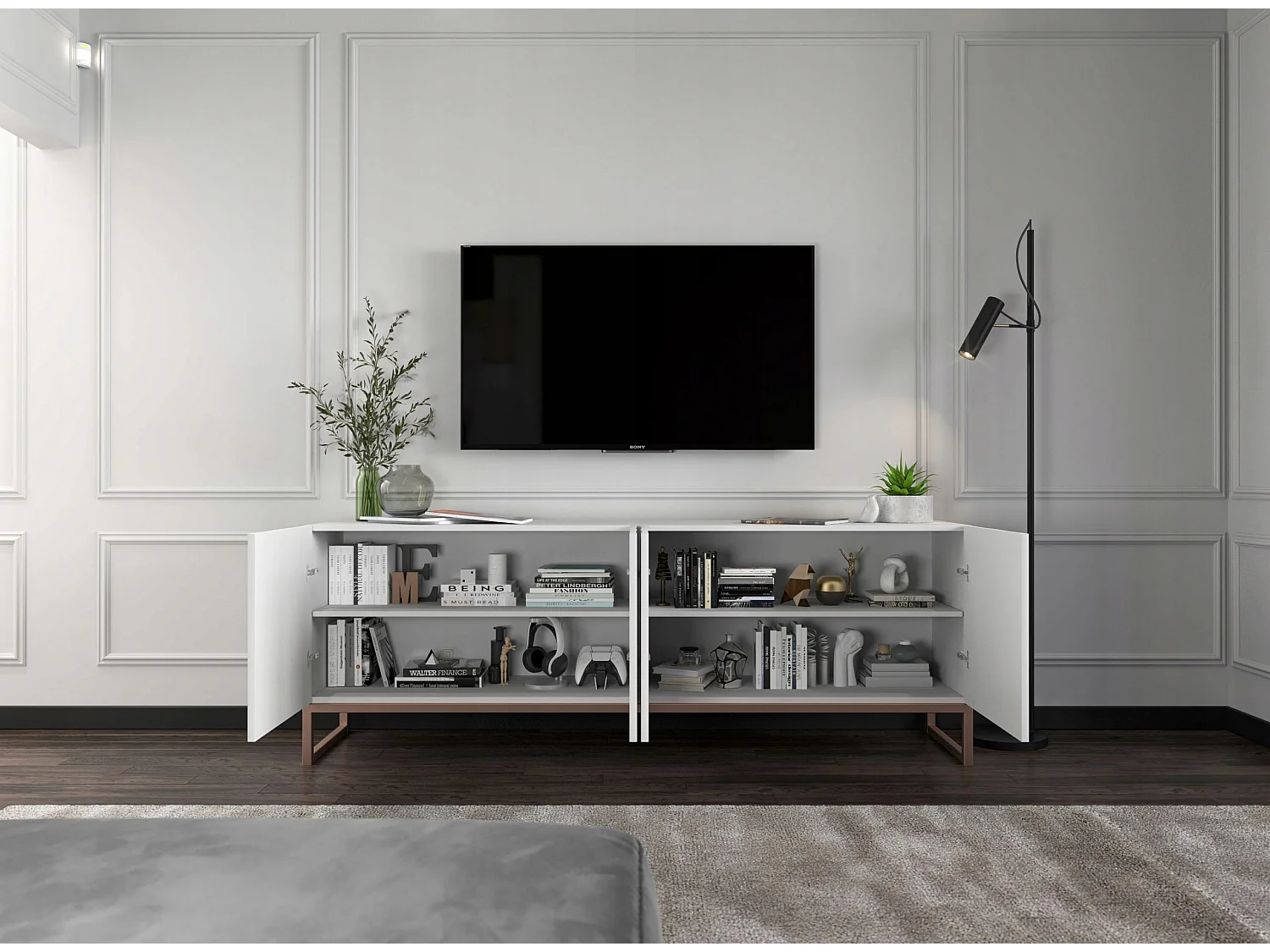 Meuble TV avec 4 portes - Corps Blanc mat, façades rainurées Blanc mat - 150 cm, cadre métallique