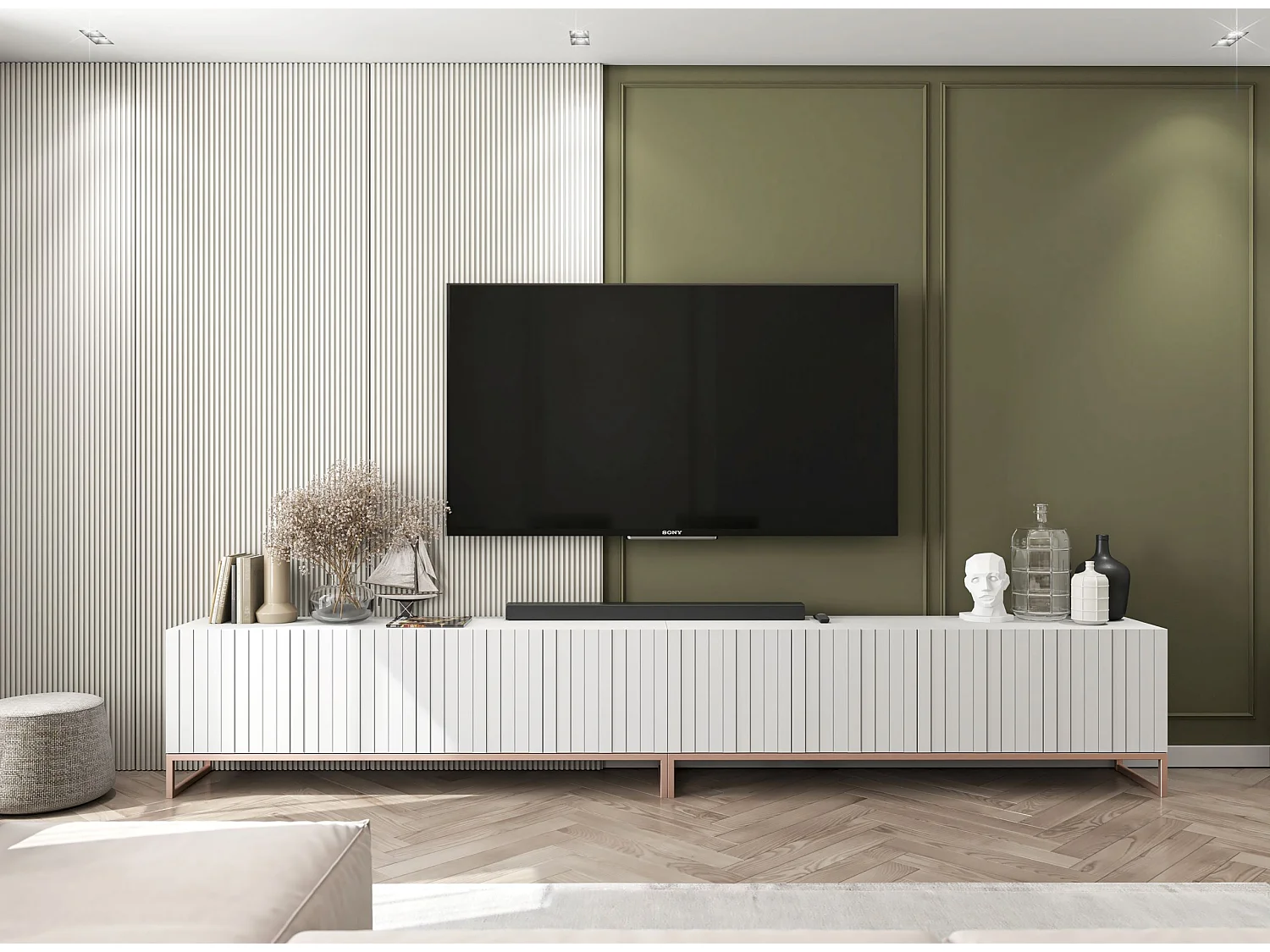 Meuble TV avec 4 portes - Corps Blanc mat, façades rainurées Blanc mat - 150 cm, cadre métallique
