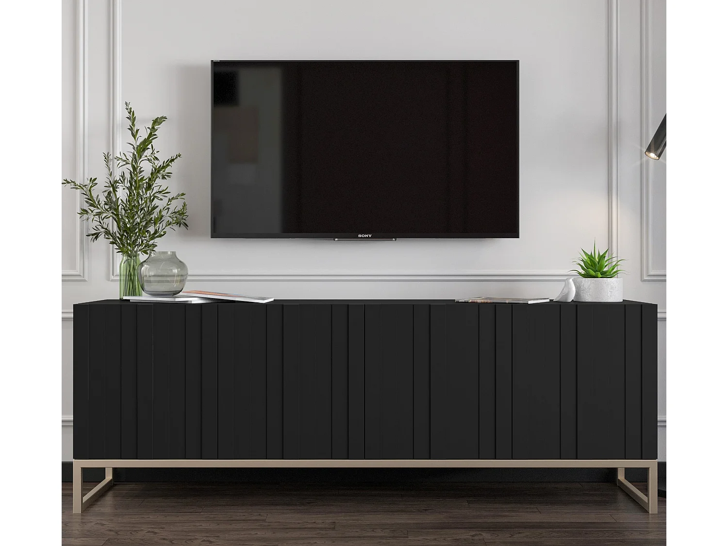 Meuble TV avec 4 portes - Corps Noir mat, façades rainurées Noir mat - 150 cm, cadre métallique