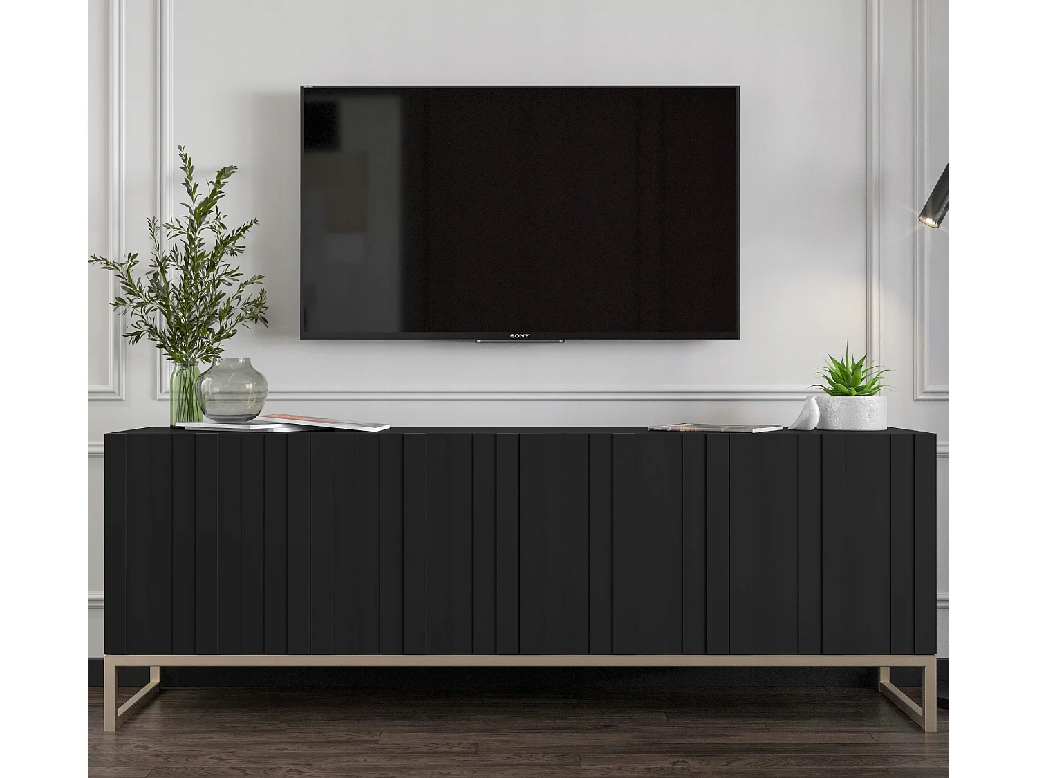 Meuble TV avec 4 portes - Corps Noir mat, façades rainurées Noir mat - 150 cm, cadre métallique