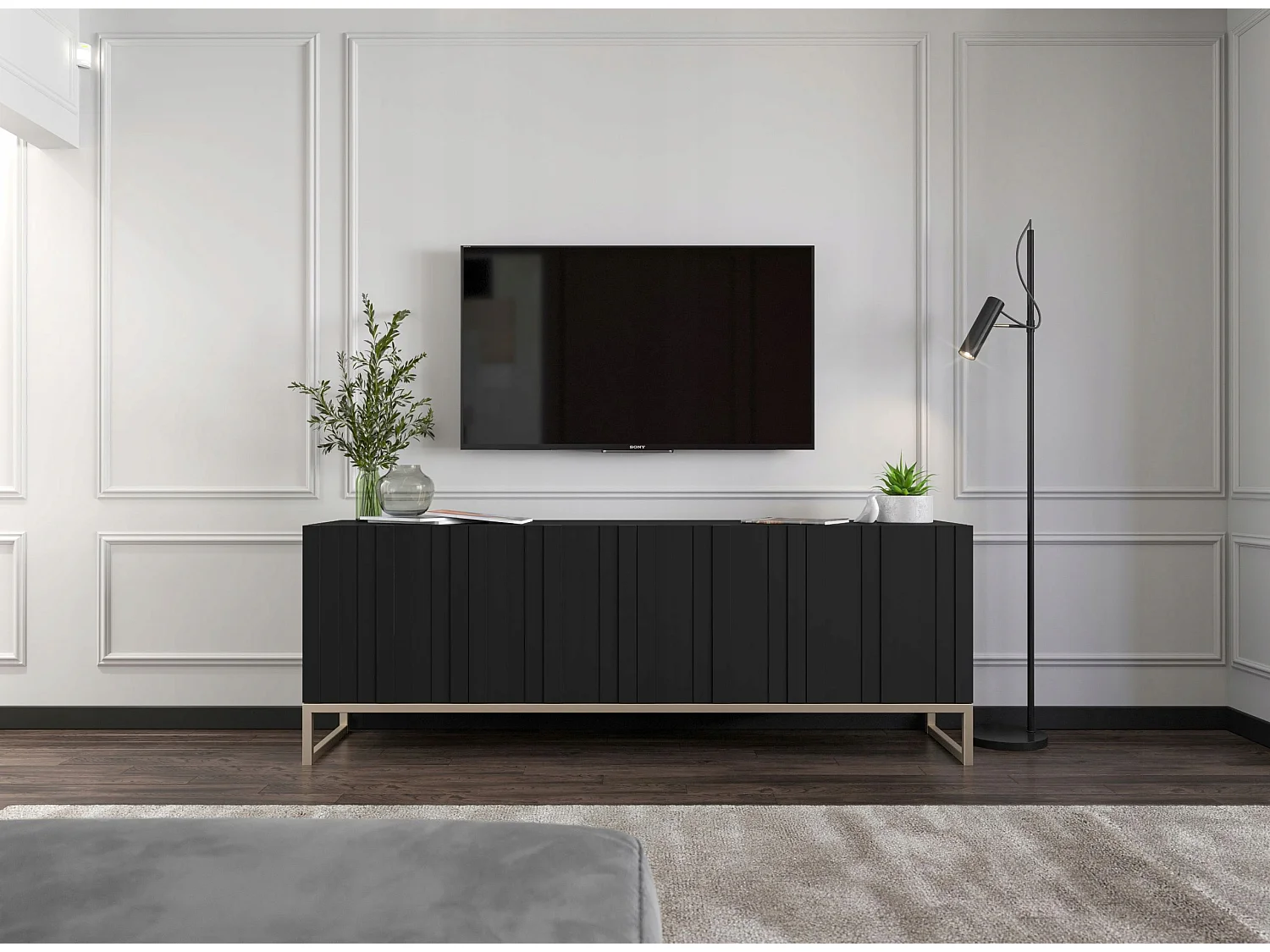 Meuble TV avec 4 portes - Corps Noir mat, façades rainurées Noir mat - 150 cm, cadre métallique