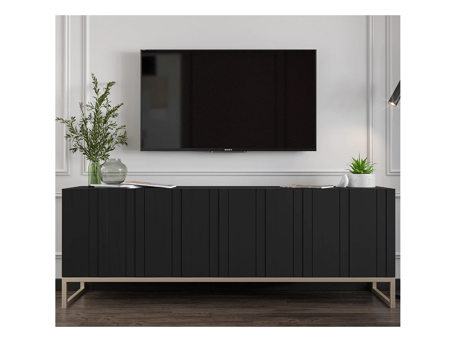 Meuble TV avec 4 portes - Corps Noir mat, façades rainurées Noir mat - 150 cm, cadre métallique