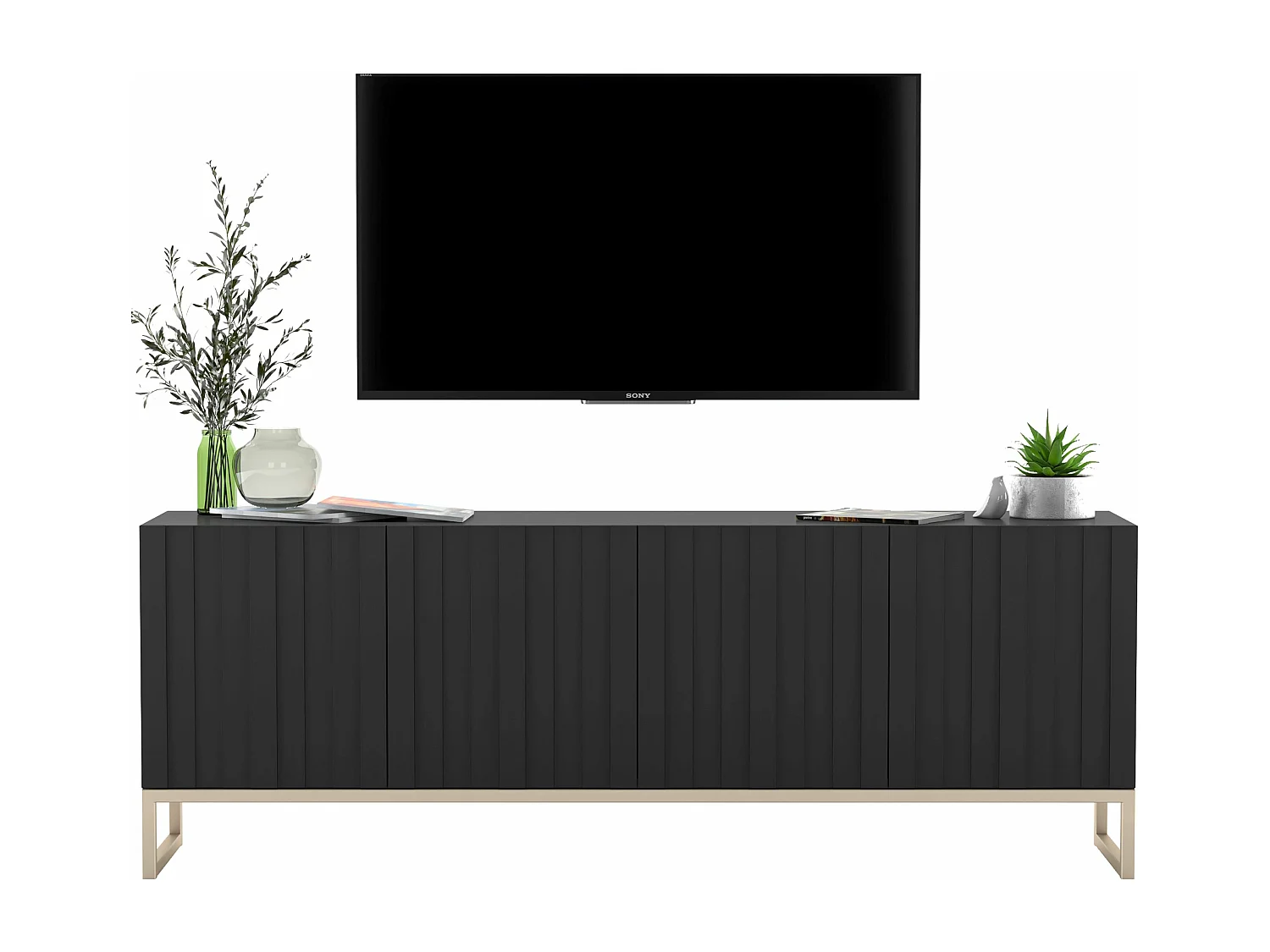 TV-Schrank mit 4 Türen – Korpus Mattschwarz, gerillte Fronten Mattschwarz – 150 cm, Metallgestell