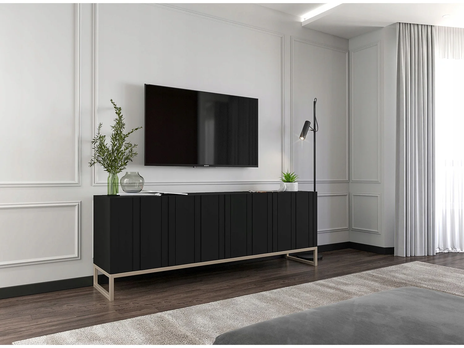 TV-Schrank mit 4 Türen – Korpus Mattschwarz, gerillte Fronten Mattschwarz – 150 cm, Metallgestell