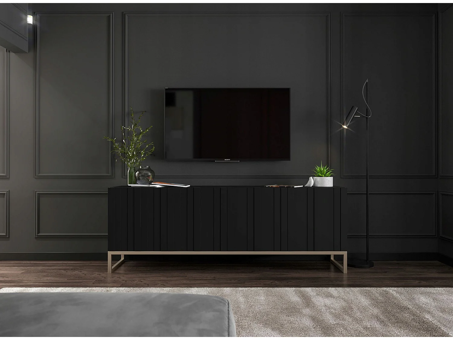 TV-Schrank mit 4 Türen – Korpus Mattschwarz, gerillte Fronten Mattschwarz – 150 cm, Metallgestell