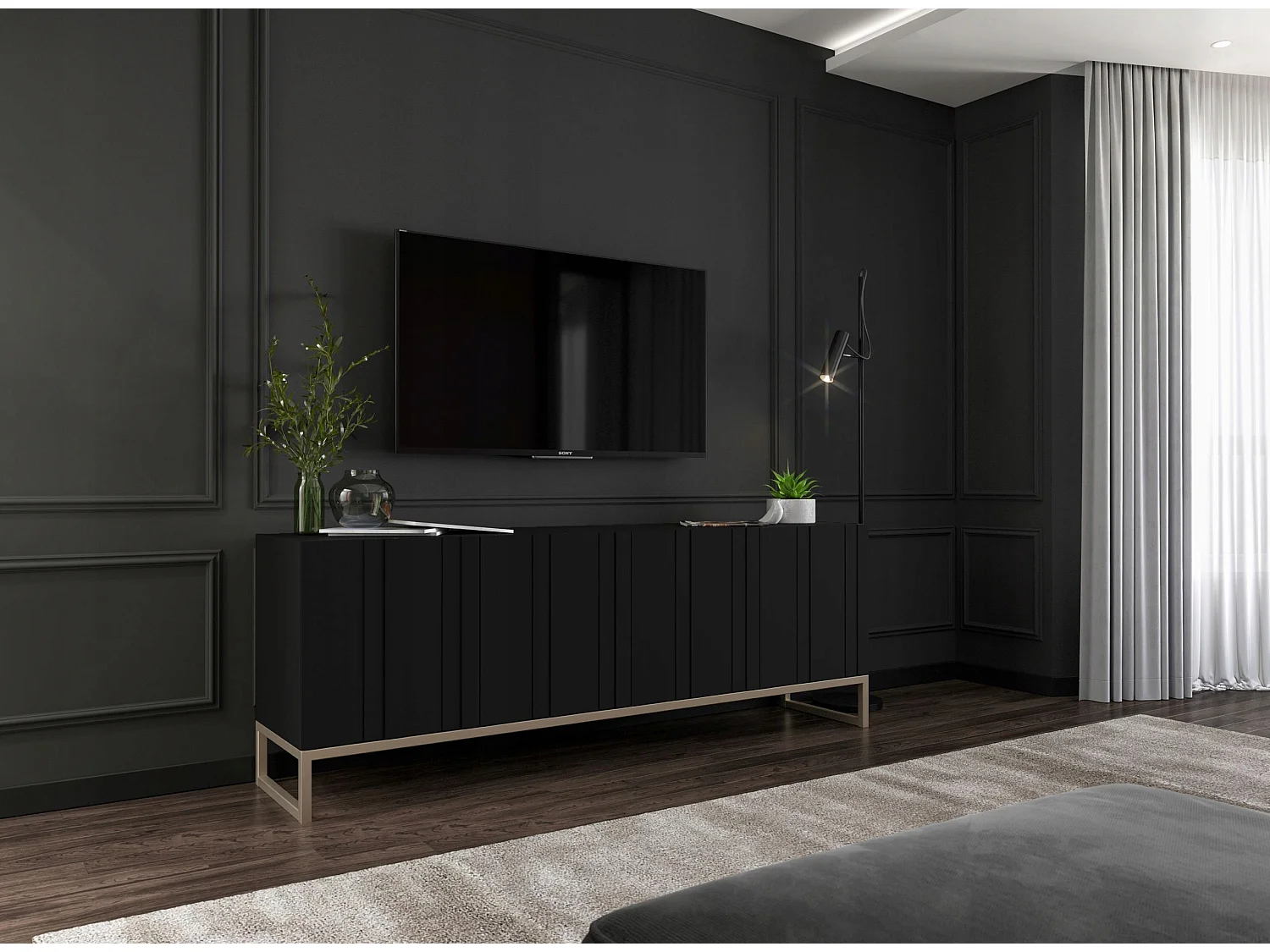 TV-Schrank mit 4 Türen – Korpus Mattschwarz, gerillte Fronten Mattschwarz – 150 cm, Metallgestell