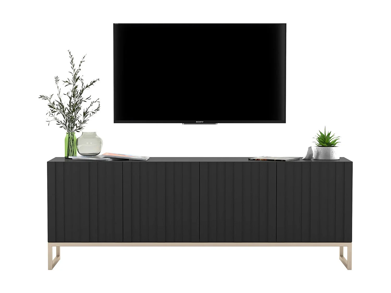 Meuble TV avec 4 portes - Corps Noir mat, façades rainurées Noir mat - 150 cm, cadre métallique