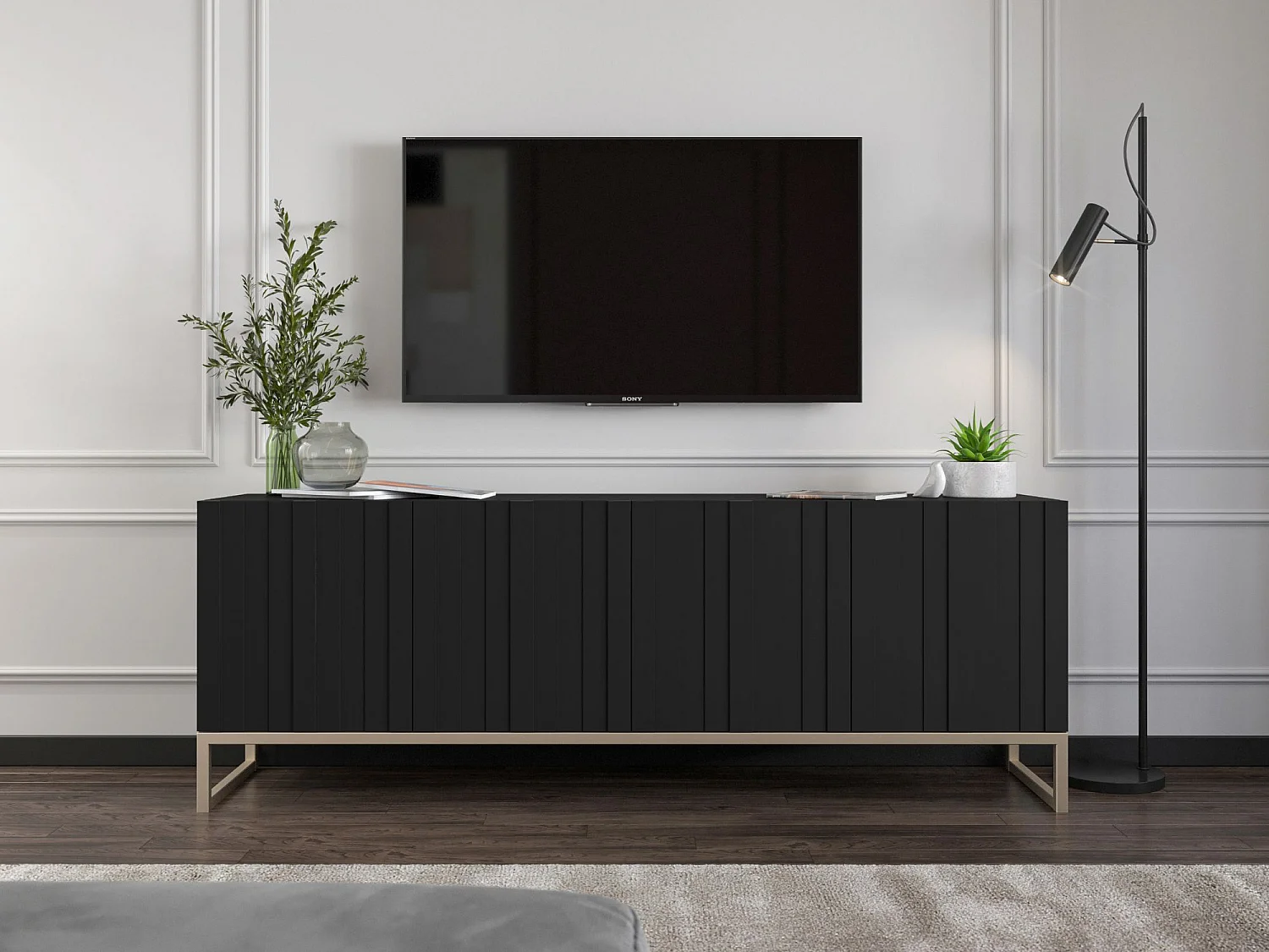 Meuble TV avec 4 portes - Corps Noir mat, façades rainurées Noir mat - 150 cm, cadre métallique