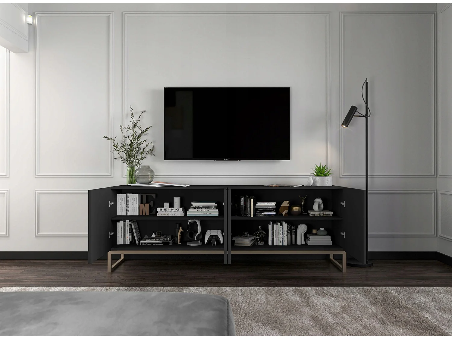 Meuble TV avec 4 portes - Corps Noir mat, façades rainurées Noir mat - 150 cm, cadre métallique