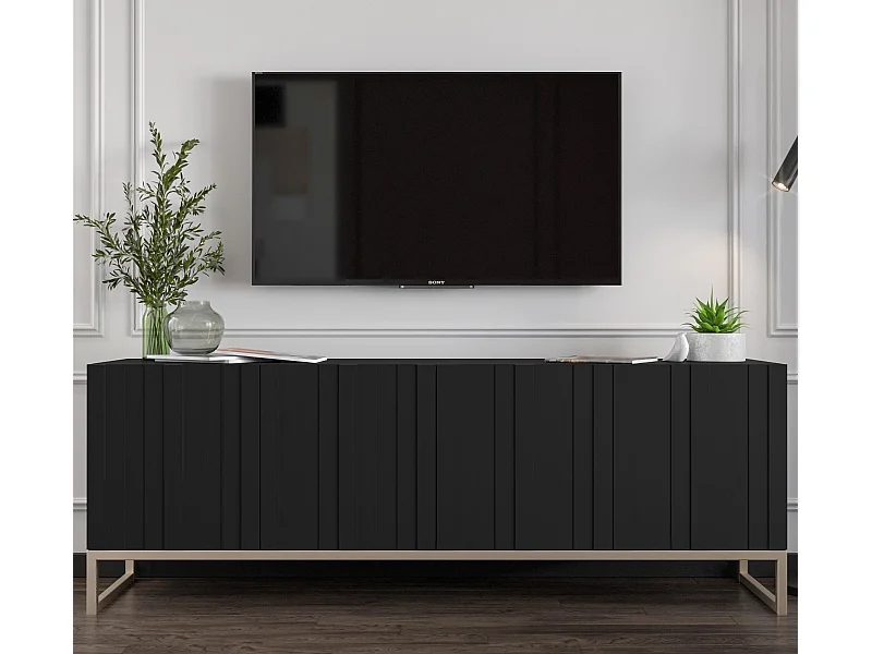 Meuble TV avec 4 portes - Corps Noir mat, façades rainurées Noir mat - 150 cm, cadre métallique