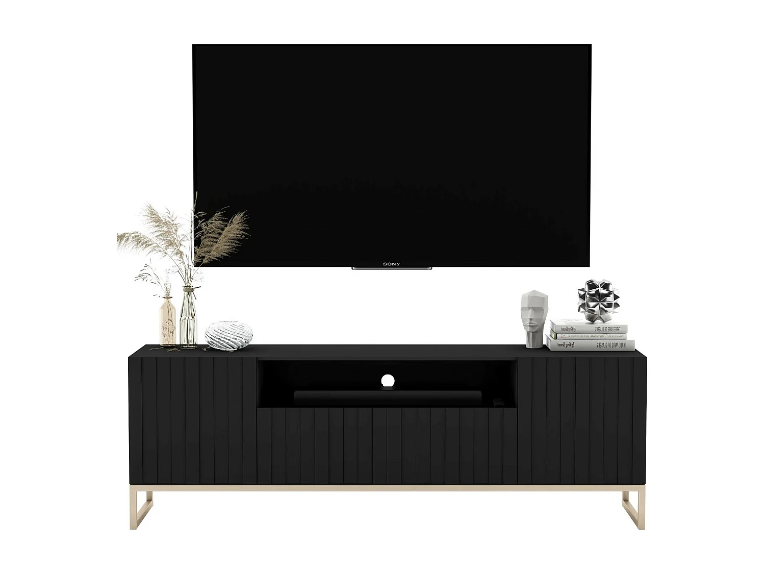 Meuble TV avec 3 portes et niche - Corps Noir mat, façades rainurées Noir mat - 150 cm, cadre en métal