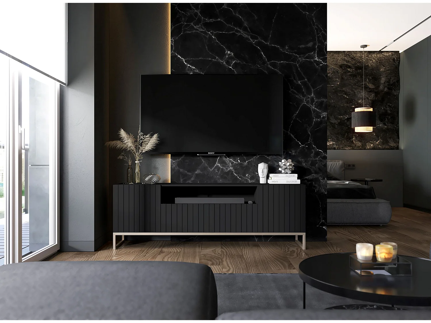 Meuble TV avec 3 portes et niche - Corps Noir mat, façades rainurées Noir mat - 150 cm, cadre en métal