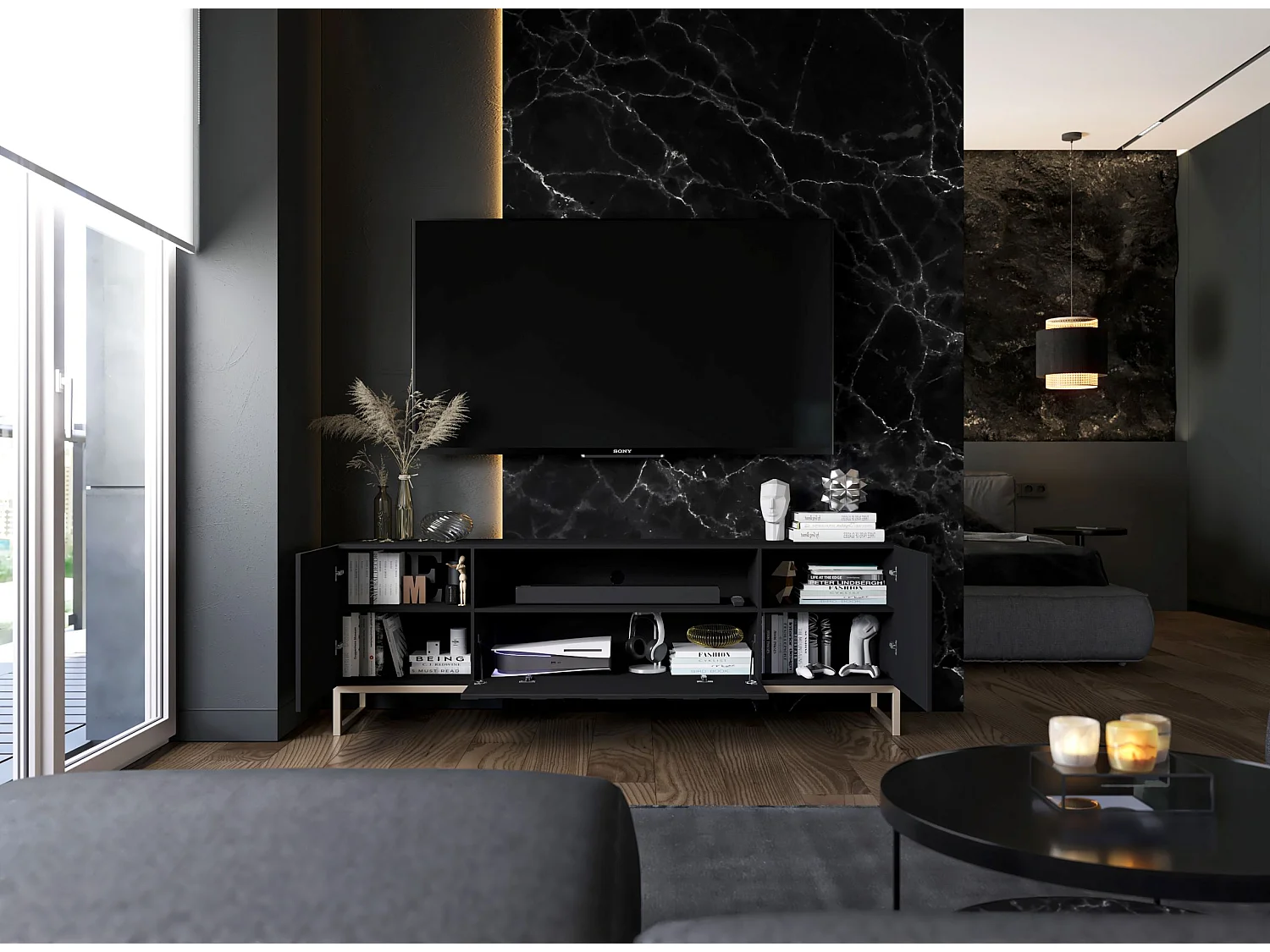 Meuble TV avec 3 portes et niche - Corps Noir mat, façades rainurées Noir mat - 150 cm, cadre en métal