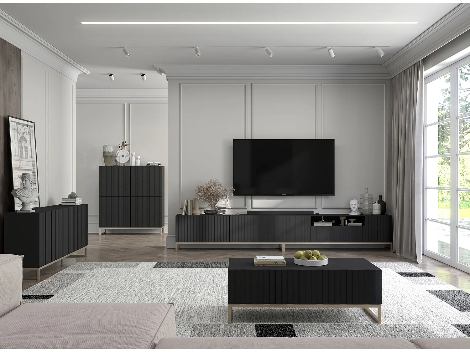 Meuble TV avec 3 portes et niche - Corps Noir mat, façades rainurées Noir mat - 150 cm, cadre en métal