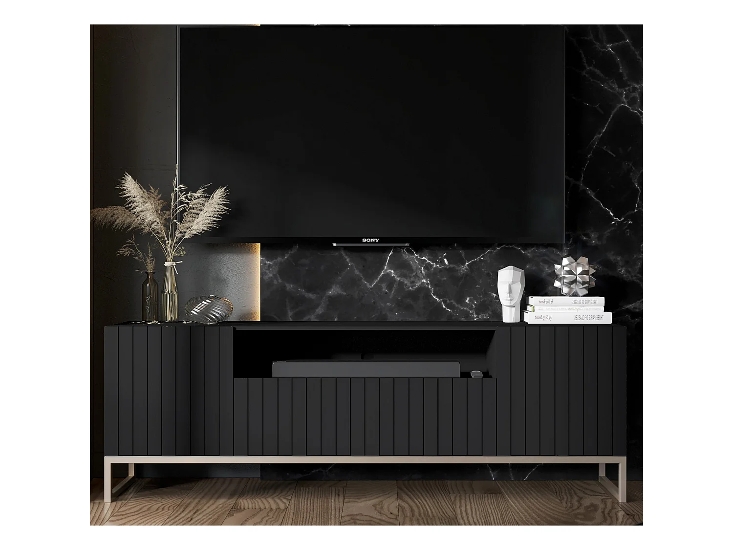 Meuble TV avec 3 portes et niche - Corps Noir mat, façades rainurées Noir mat - 150 cm, cadre en métal