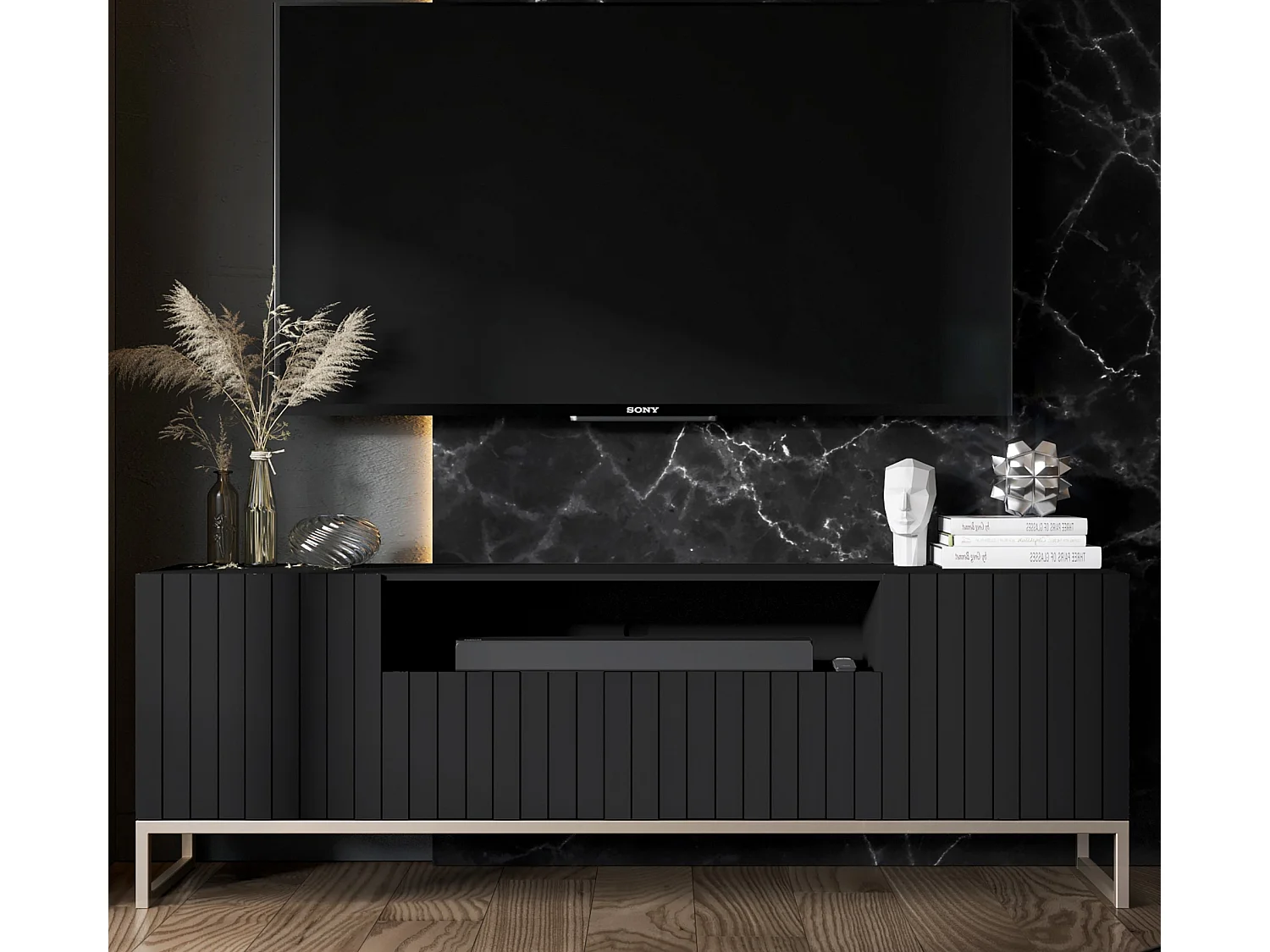 Meuble TV avec 3 portes et niche - Corps Noir mat, façades rainurées Noir mat - 150 cm, cadre en métal