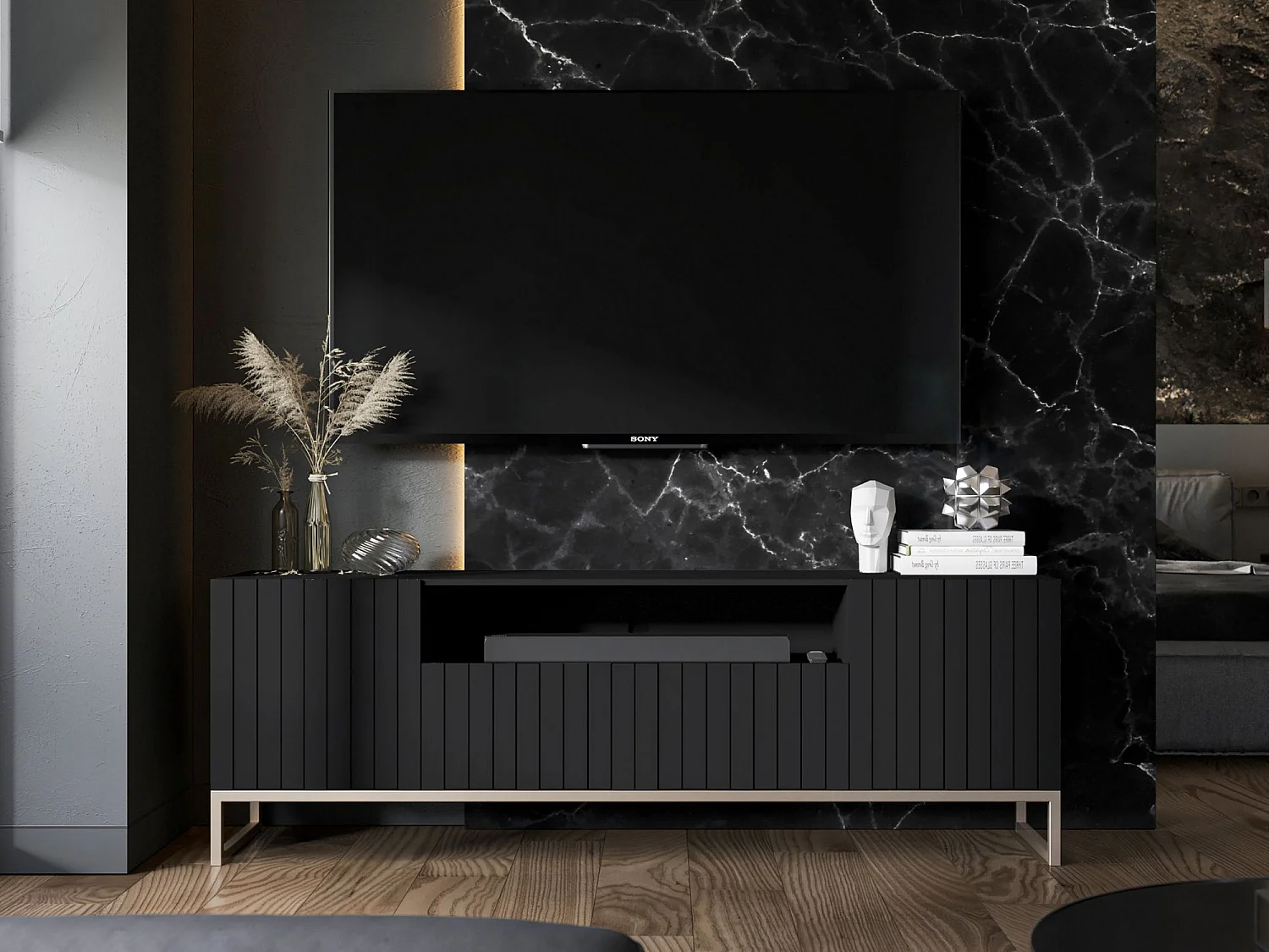 Meuble TV avec 3 portes et niche - Corps Noir mat, façades rainurées Noir mat - 150 cm, cadre en métal