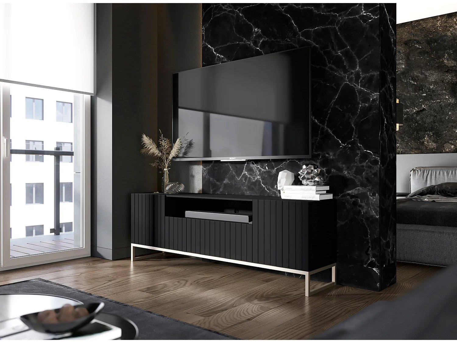 Meuble TV avec 3 portes et niche - Corps Noir mat, façades rainurées Noir mat - 150 cm, cadre en métal