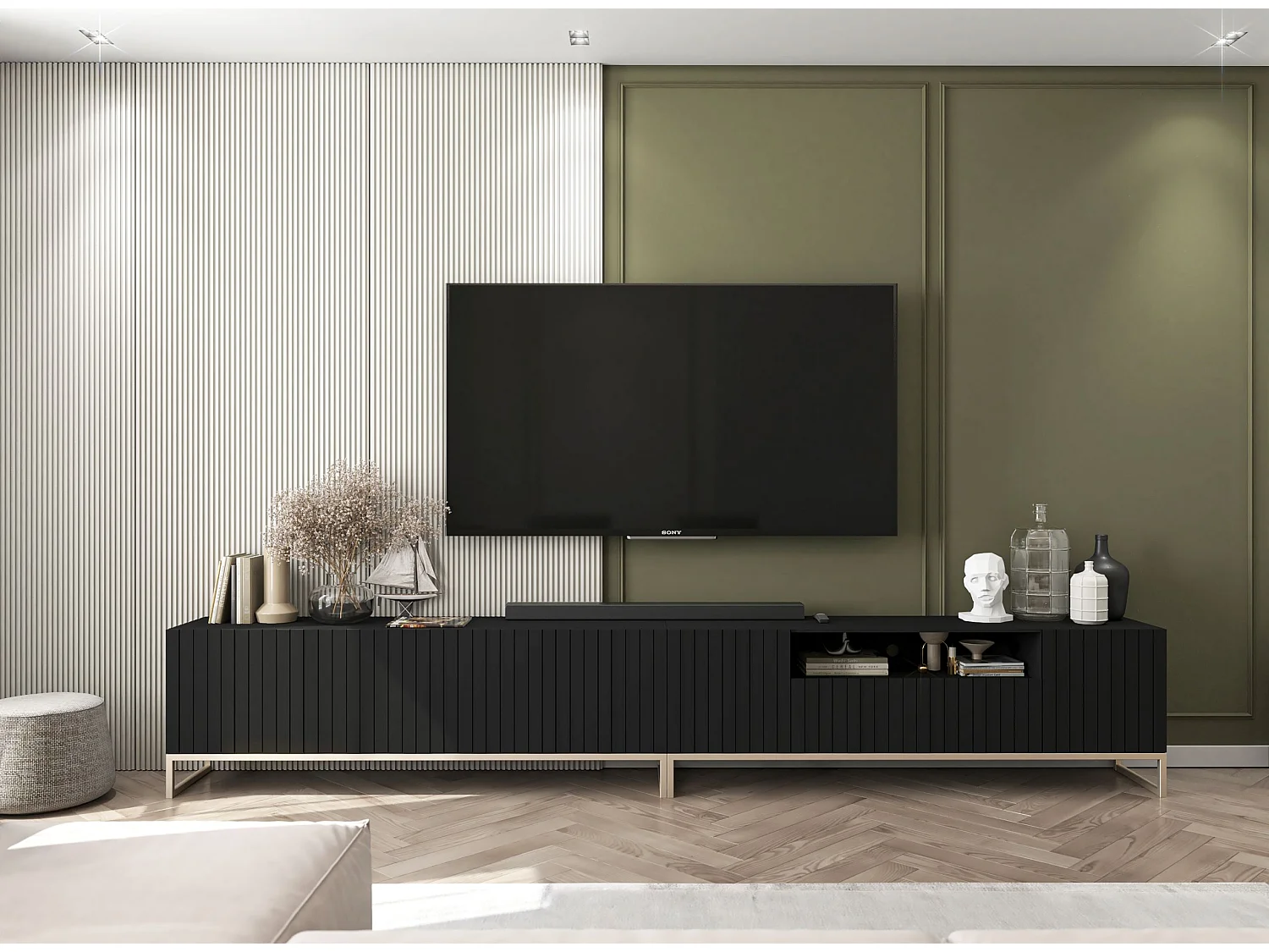 Meuble TV avec 3 portes et niche - Corps Noir mat, façades rainurées Noir mat - 150 cm, cadre en métal