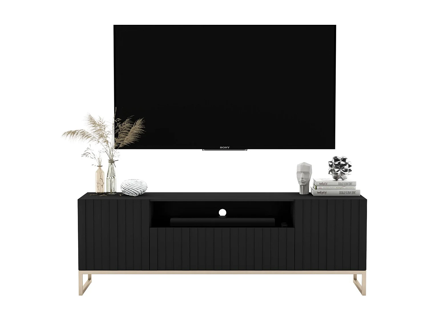 Meuble TV avec 3 portes et niche - Corps Noir mat, façades rainurées Noir mat - 150 cm, cadre en métal