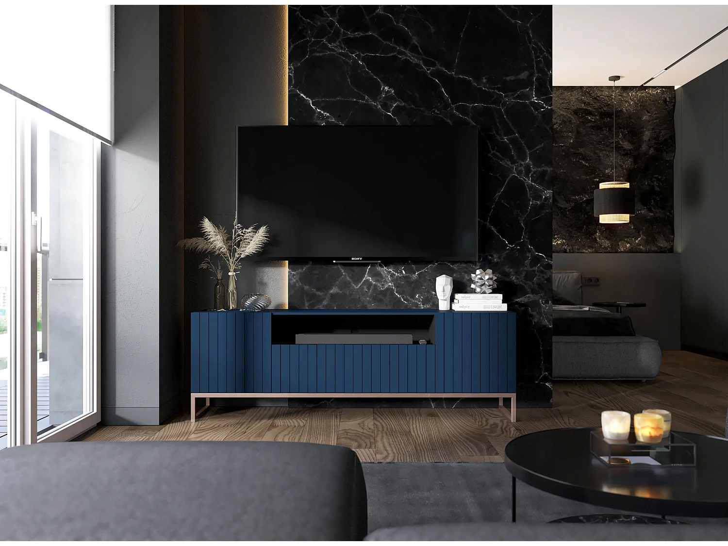 Meuble TV avec 3 portes et niche - Corps bleu marine mat, façades rainurées bleu marine mat - 150 cm, cadre en métal