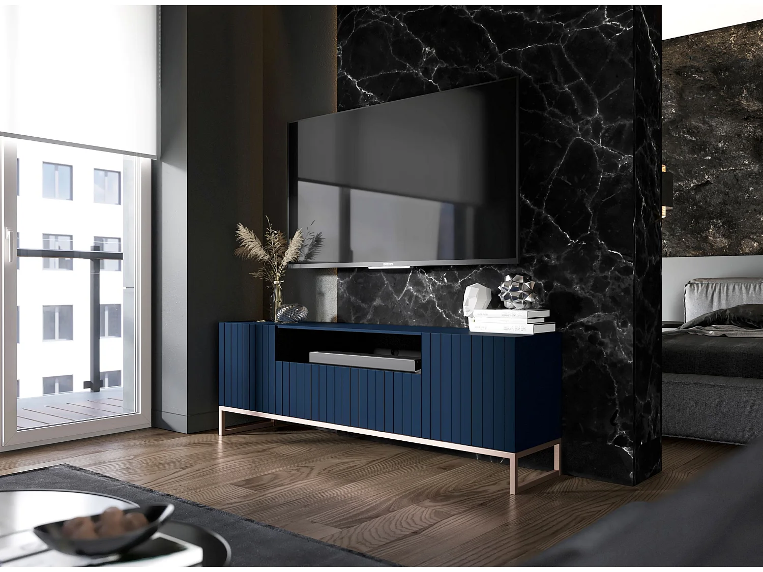 Meuble TV avec 3 portes et niche - Corps bleu marine mat, façades rainurées bleu marine mat - 150 cm, cadre en métal