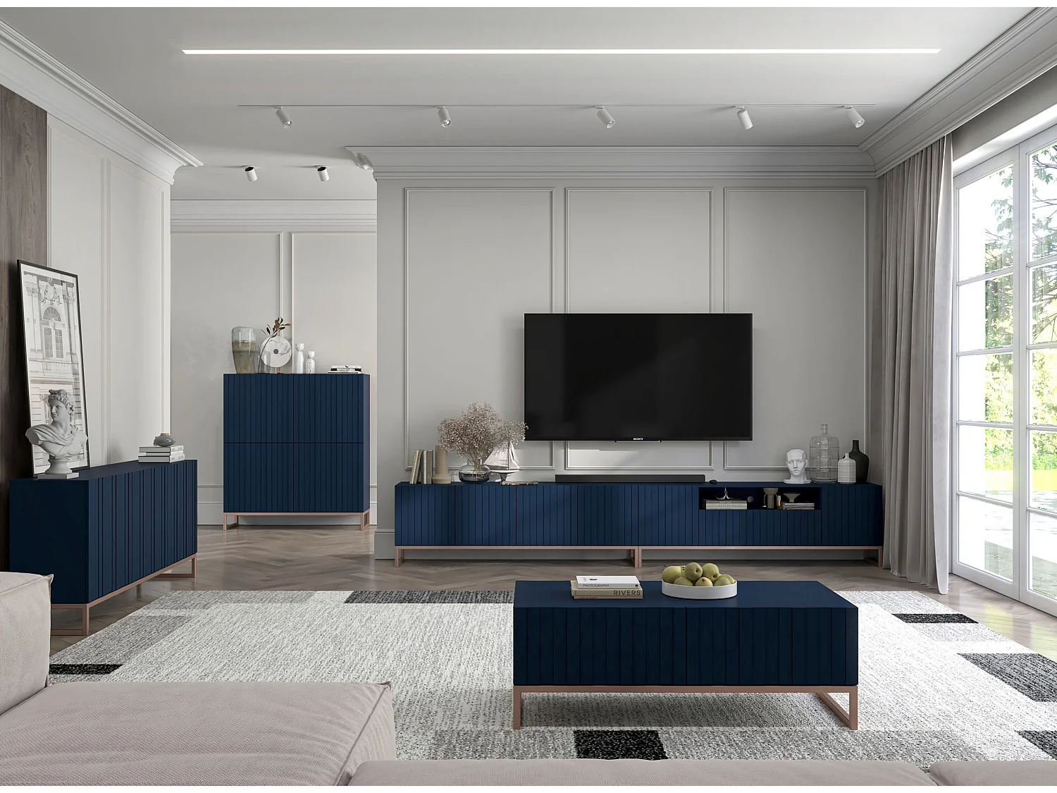 Meuble TV avec 3 portes et niche - Corps bleu marine mat, façades rainurées bleu marine mat - 150 cm, cadre en métal