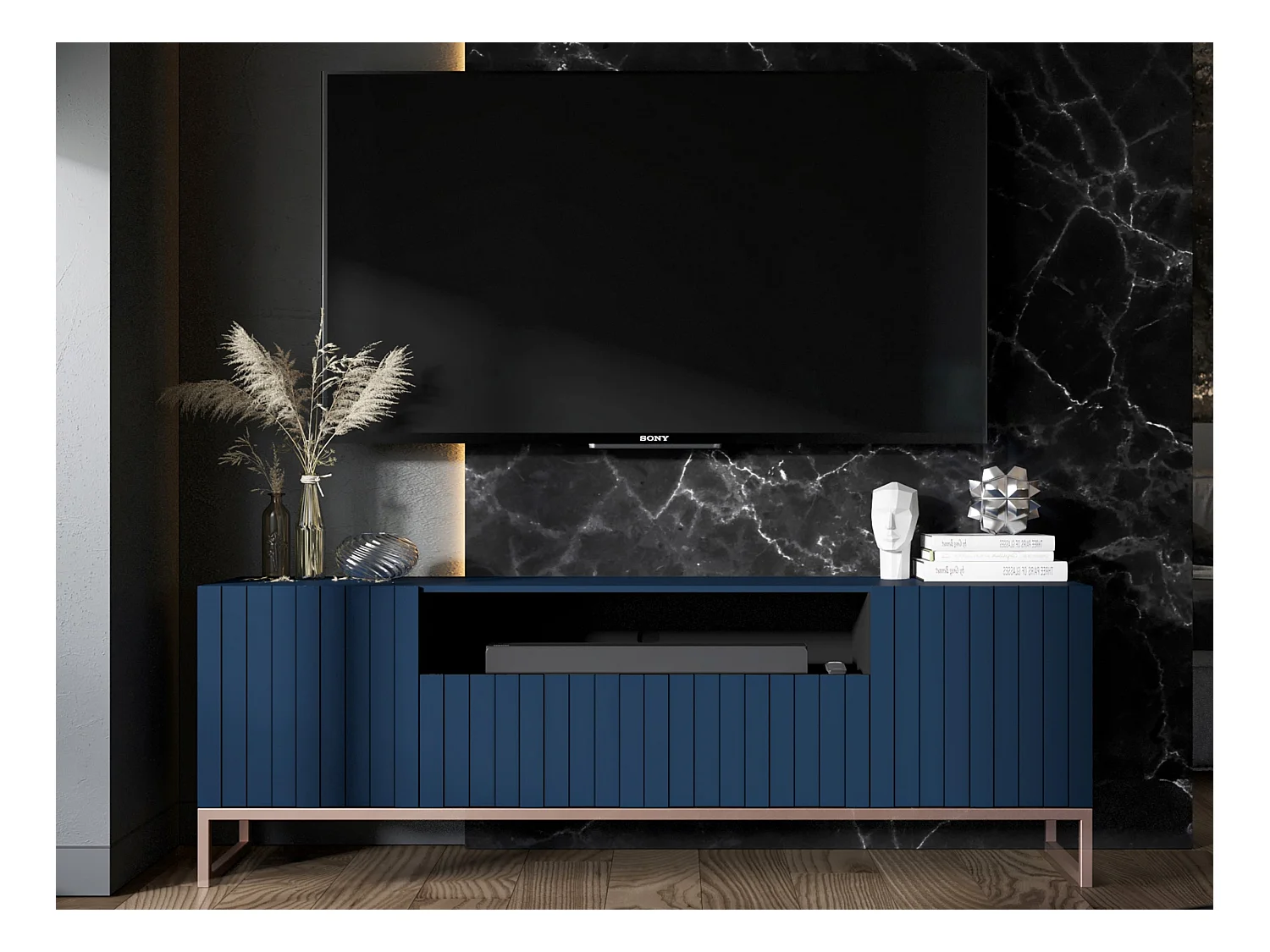 Meuble TV avec 3 portes et niche - Corps bleu marine mat, façades rainurées bleu marine mat - 150 cm, cadre en métal