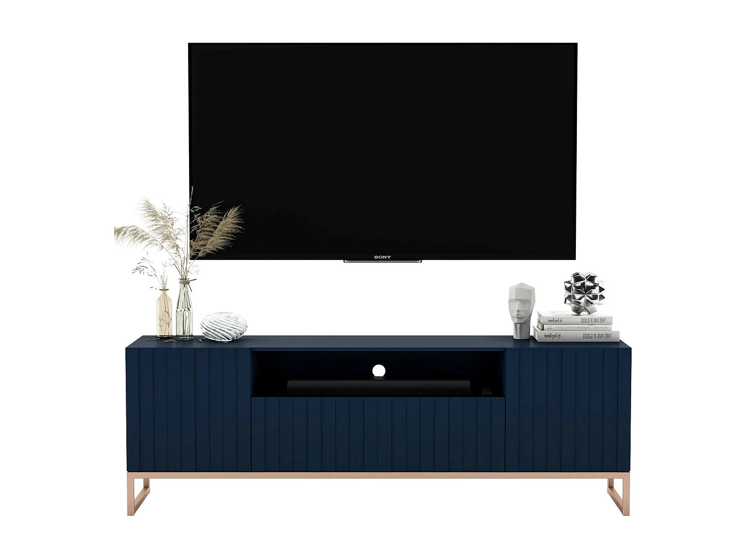 TV-Schrank mit 3 Türen und Nische – Korpus Marineblau matt, gerillte Fronten Marineblau matt – 150 cm, Metallgestell
