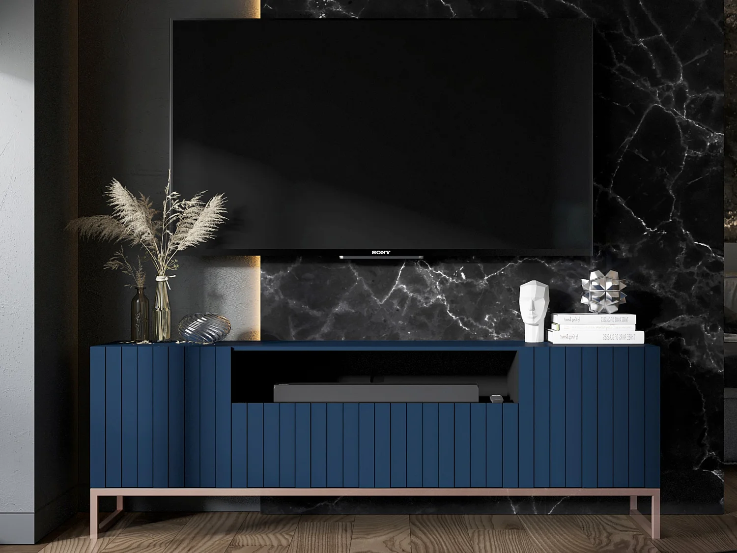 Meuble TV avec 3 portes et niche - Corps bleu marine mat, façades rainurées bleu marine mat - 150 cm, cadre en métal