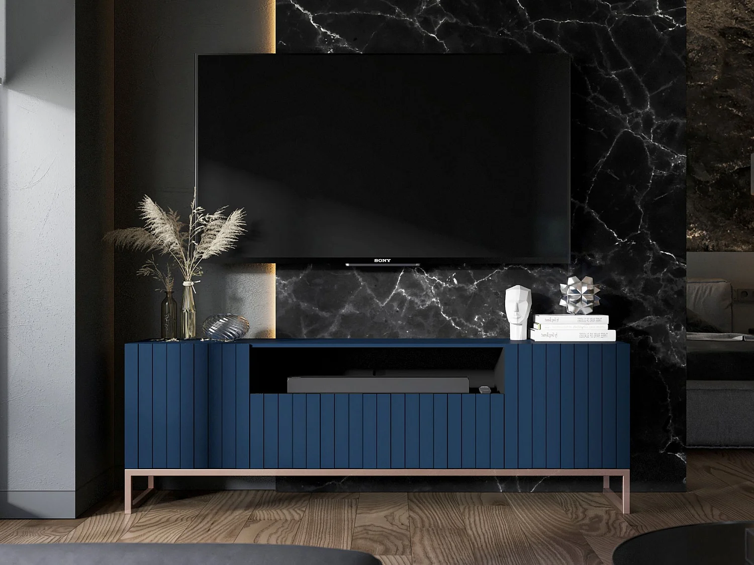 Meuble TV avec 3 portes et niche - Corps bleu marine mat, façades rainurées bleu marine mat - 150 cm, cadre en métal