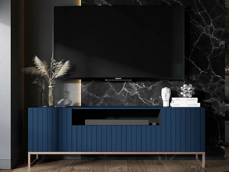 Meuble TV avec 3 portes et niche - Corps bleu marine mat, façades rainurées bleu marine mat - 150 cm, cadre en métal