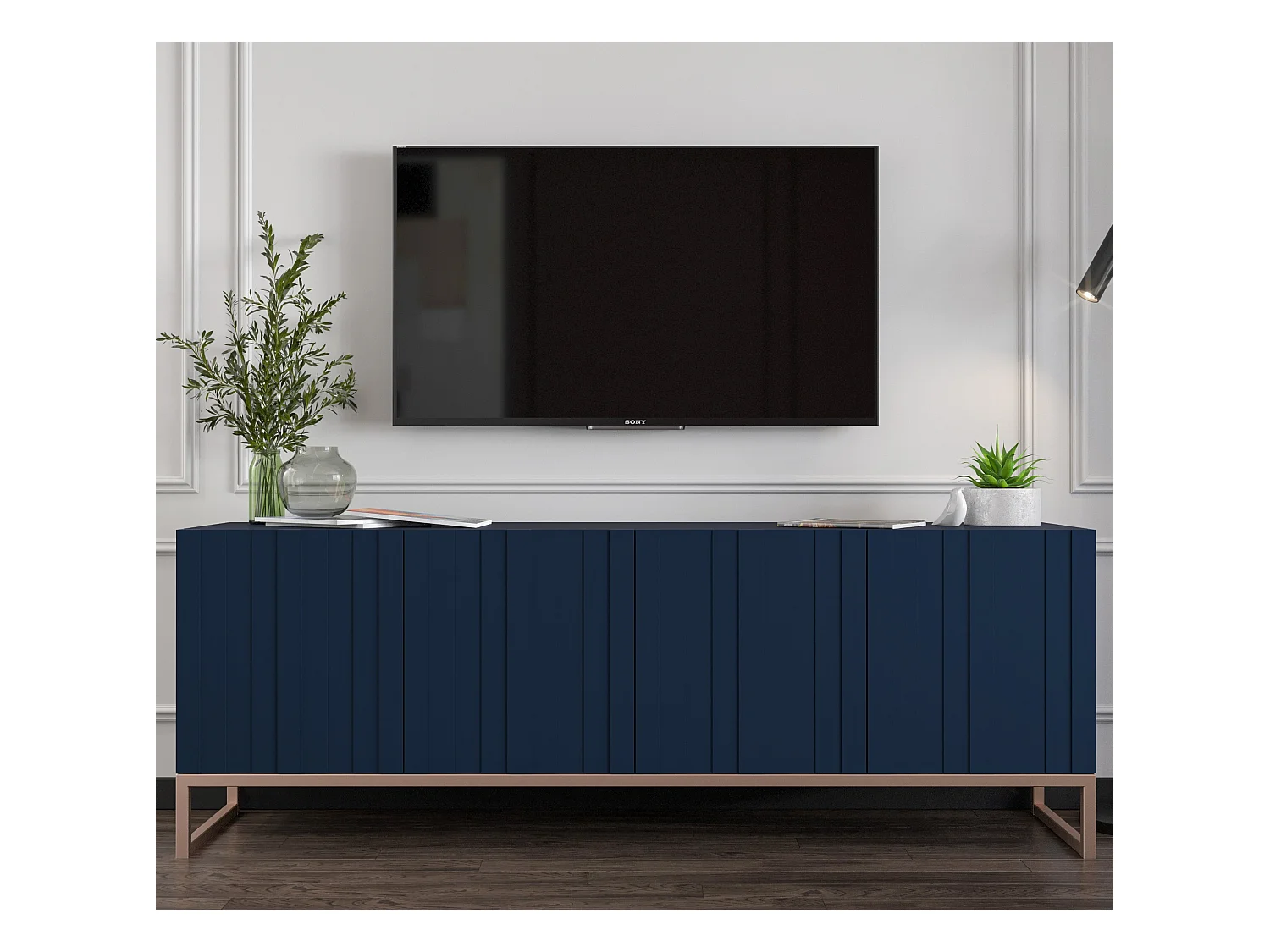 Meuble TV avec 4 portes - Corps Bleu marine mat, façades rainurées Bleu marine mat - 150 cm, cadre métallique