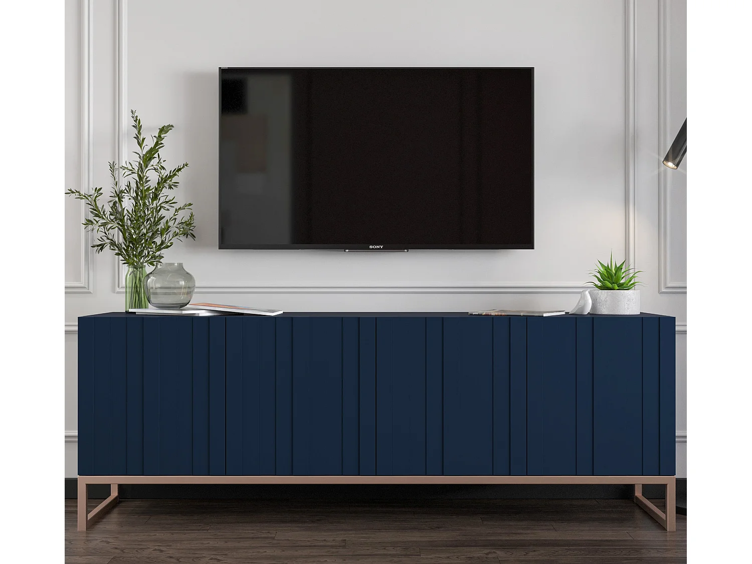 TV-Schrank mit 4 Türen – Korpus Marineblau matt, gerillte Fronten Marineblau matt – 150 cm, Metallgestell