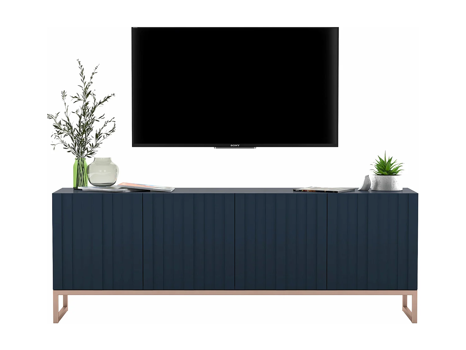 TV-Schrank mit 4 Türen – Korpus Marineblau matt, gerillte Fronten Marineblau matt – 150 cm, Metallgestell