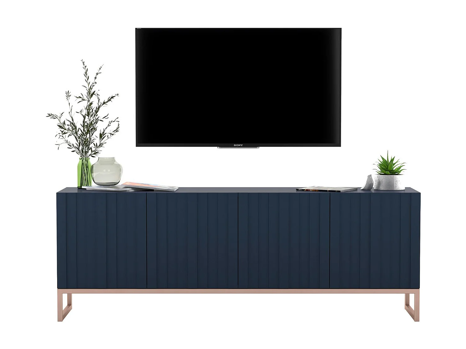 Meuble TV avec 4 portes - Corps Bleu marine mat, façades rainurées Bleu marine mat - 150 cm, cadre métallique