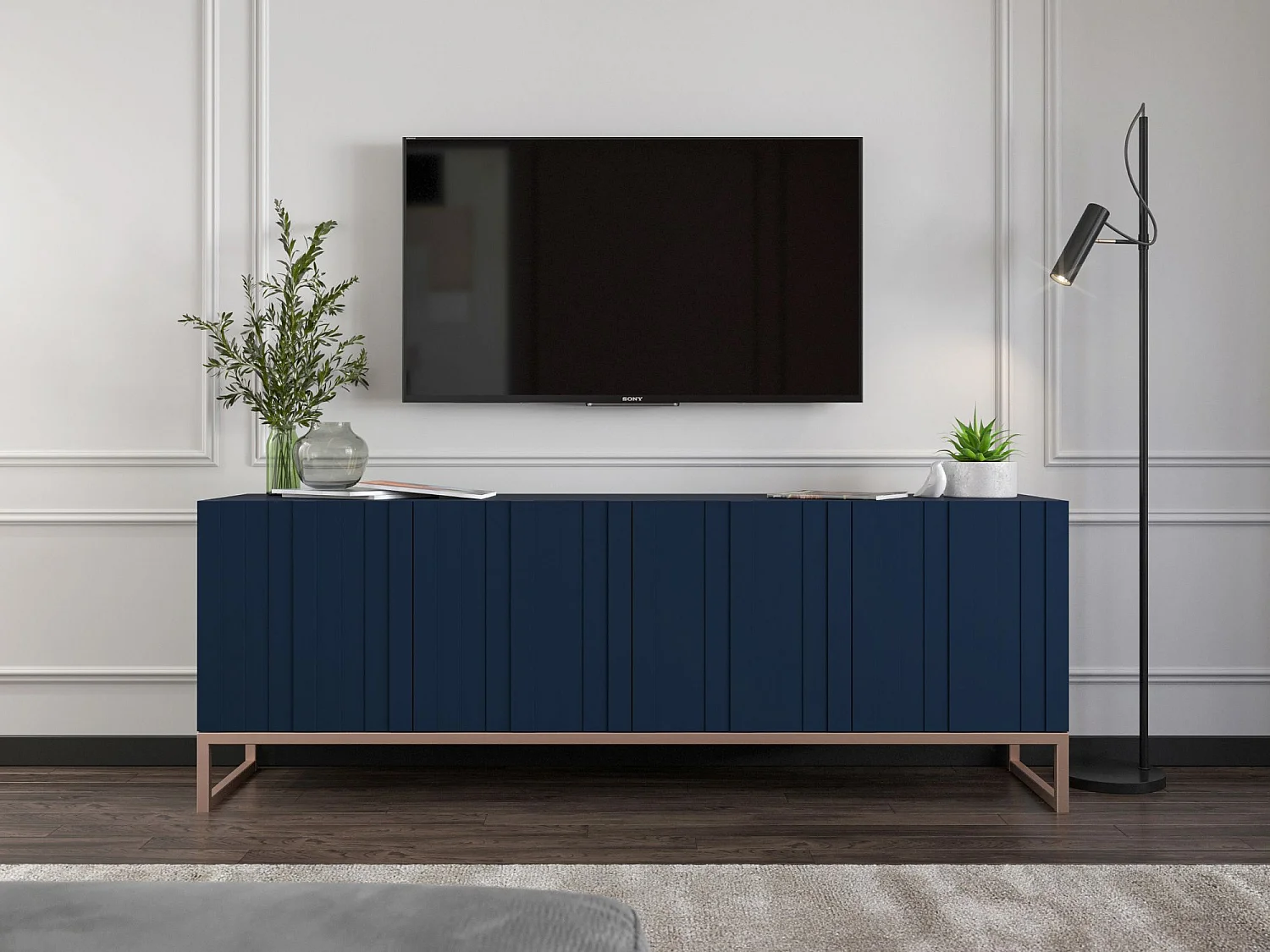 Meuble TV avec 4 portes - Corps Bleu marine mat, façades rainurées Bleu marine mat - 150 cm, cadre métallique