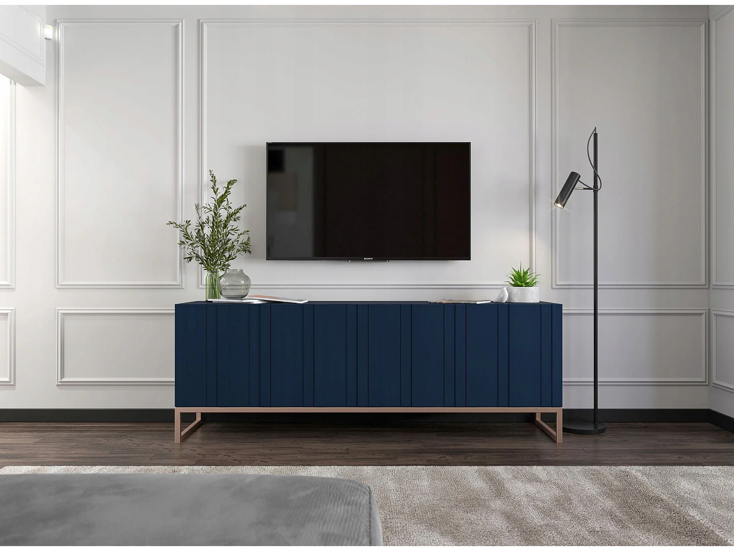 Meuble TV avec 4 portes - Corps Bleu marine mat, façades rainurées Bleu marine mat - 150 cm, cadre métallique