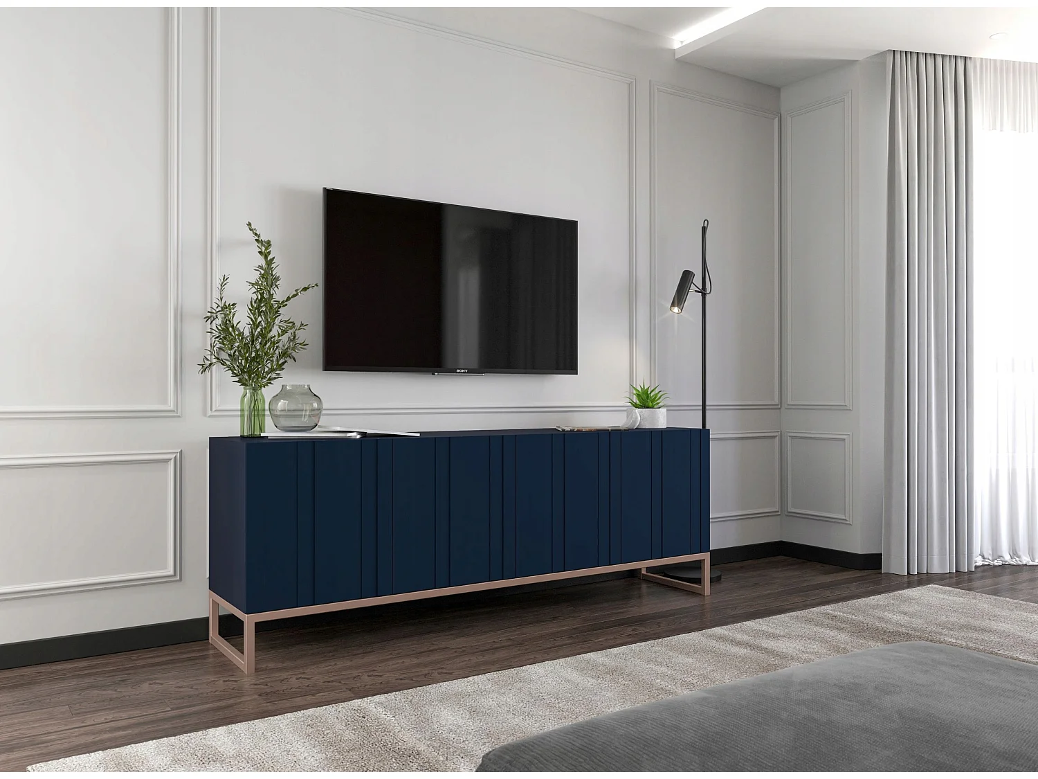 Meuble TV avec 4 portes - Corps Bleu marine mat, façades rainurées Bleu marine mat - 150 cm, cadre métallique