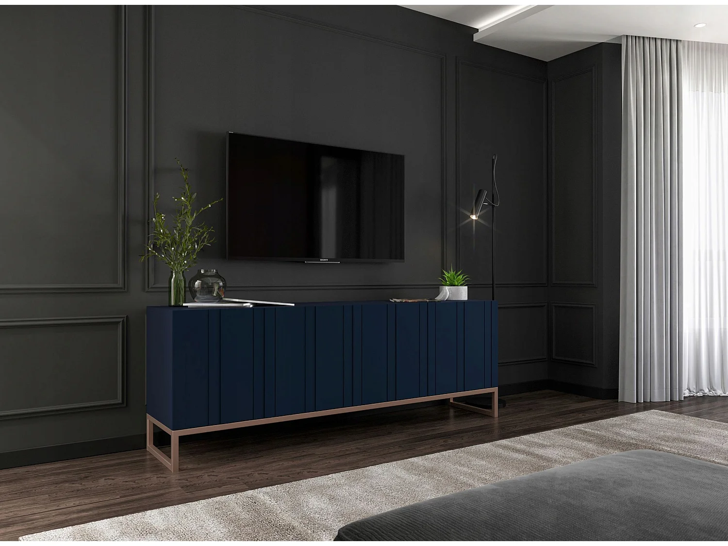 Meuble TV avec 4 portes - Corps Bleu marine mat, façades rainurées Bleu marine mat - 150 cm, cadre métallique
