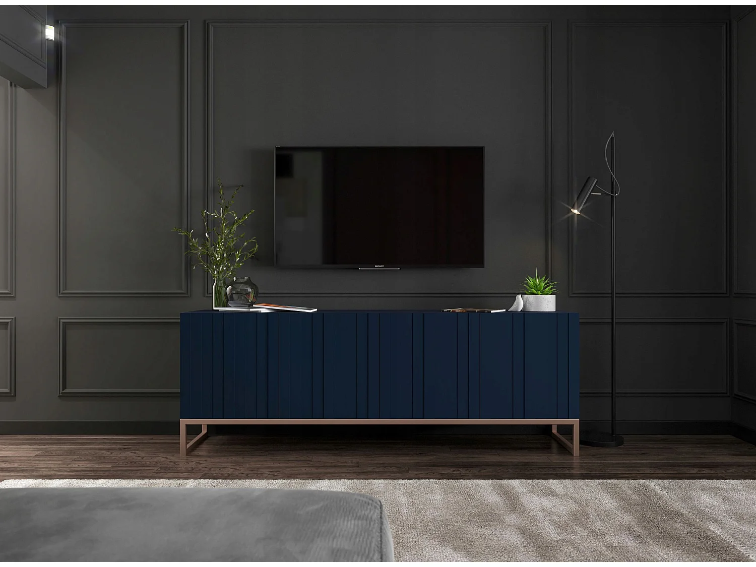Meuble TV avec 4 portes - Corps Bleu marine mat, façades rainurées Bleu marine mat - 150 cm, cadre métallique