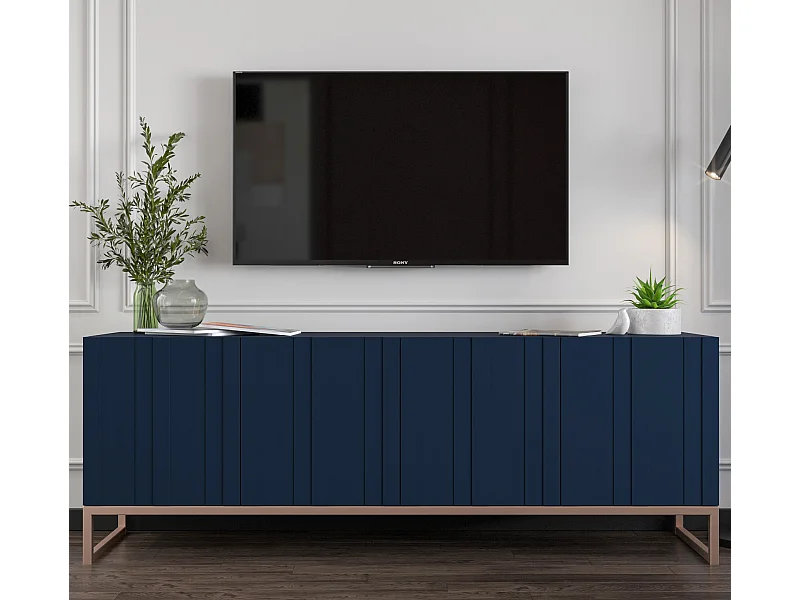 Meuble TV avec 4 portes - Corps Bleu marine mat, façades rainurées Bleu marine mat - 150 cm, cadre métallique