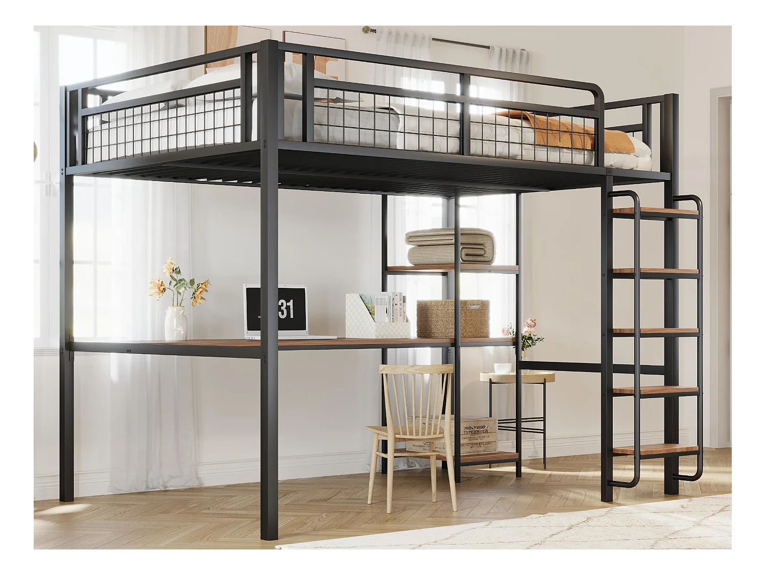 Lit mezzanine en métal 140x200 cm - avec bureau et échelle de sécurité - Noir