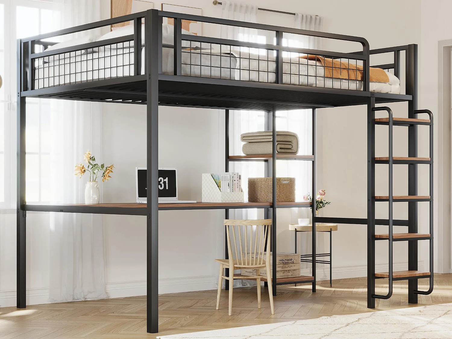 Metall-Hochbett 140x200 cm - mit Schreibtisch und Sicherheitsleiter - Schwarz