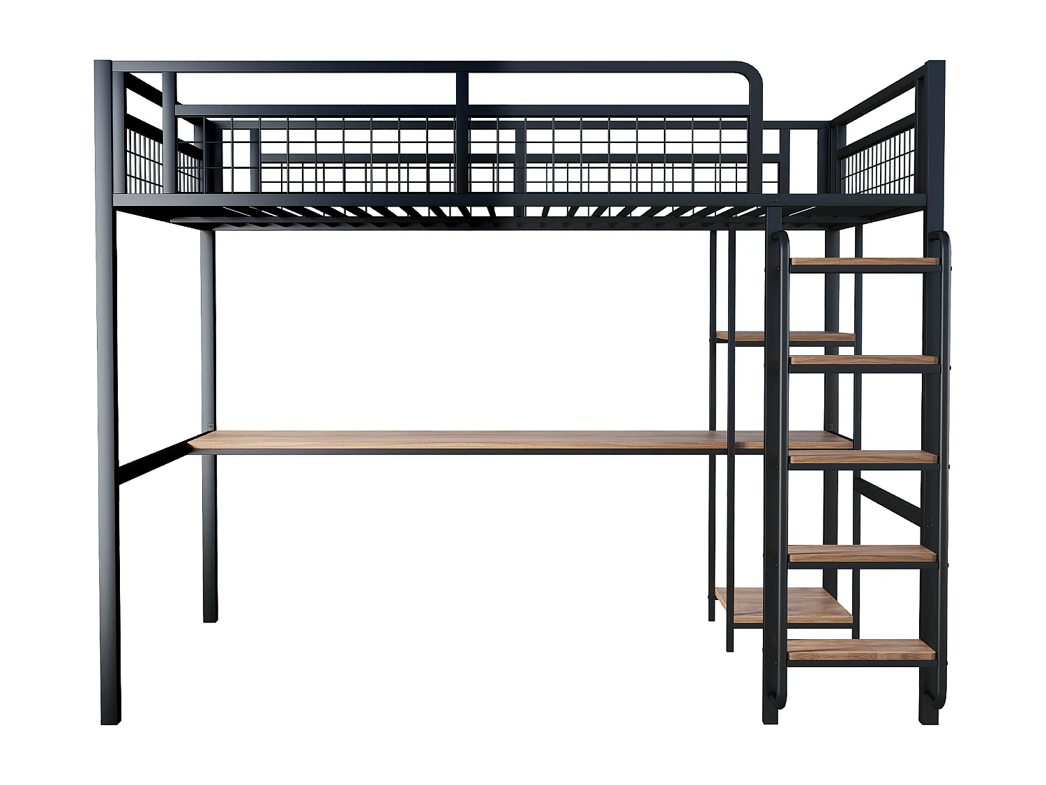 Metall-Hochbett 140x200 cm - mit Schreibtisch und Sicherheitsleiter - Schwarz